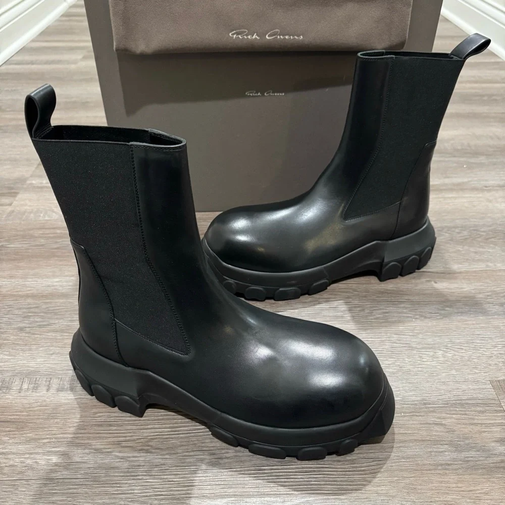Rick Owens Beatle Bozo Tractor Black Leather Chelsea Platform Boots